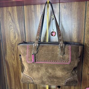 Coach Leatherware Vintage Suede Tote with Pink Detailing